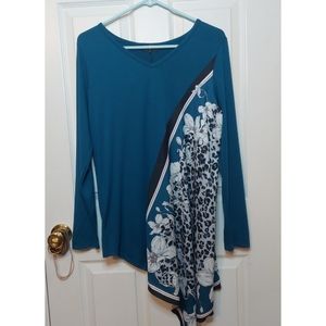 DG2 Diane Gilman Blue Floral Asymmetrical Mixed Media Coastal Top Boho Size S